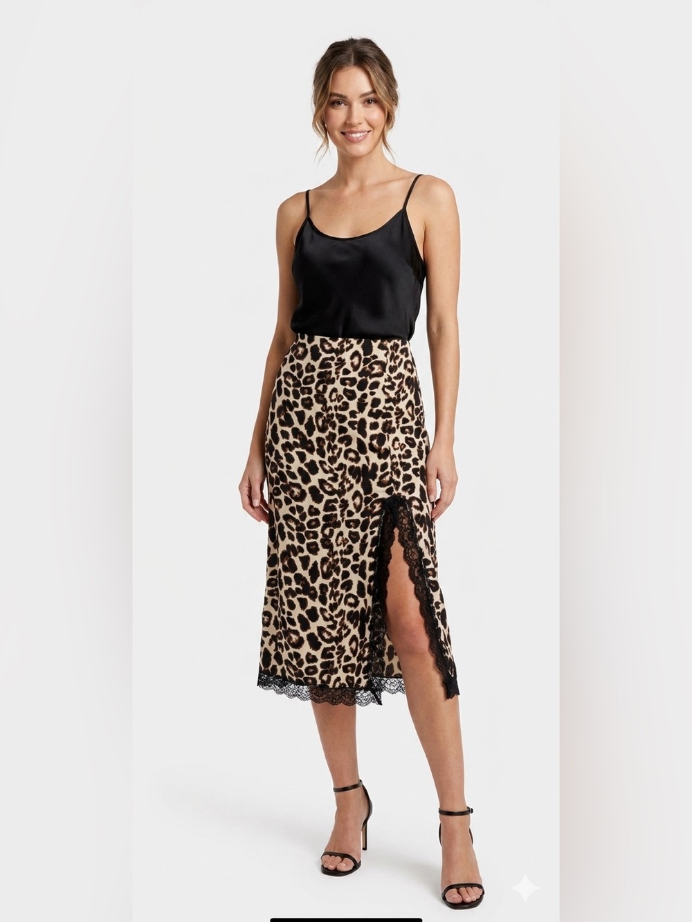 Monteau LA Leopard Print Midi Skirt with Thigh High Slit & Lace Trim Size Small